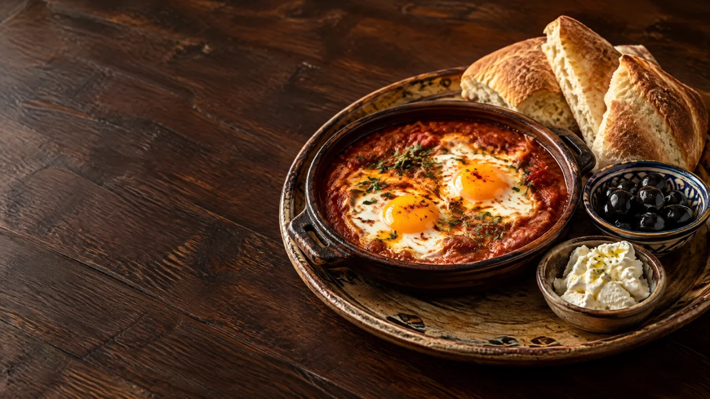 Beldi breakfast with shakshouka, olives, cheese and bread