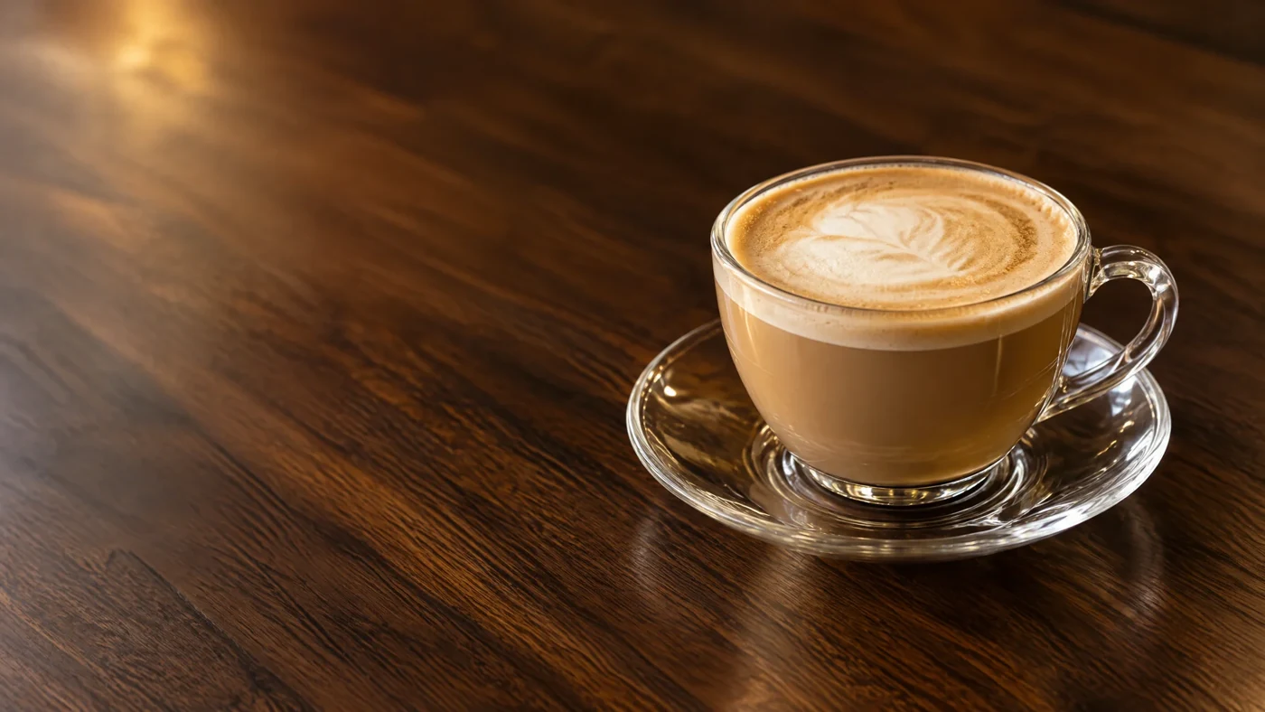 A cup of latte on a wooden café table